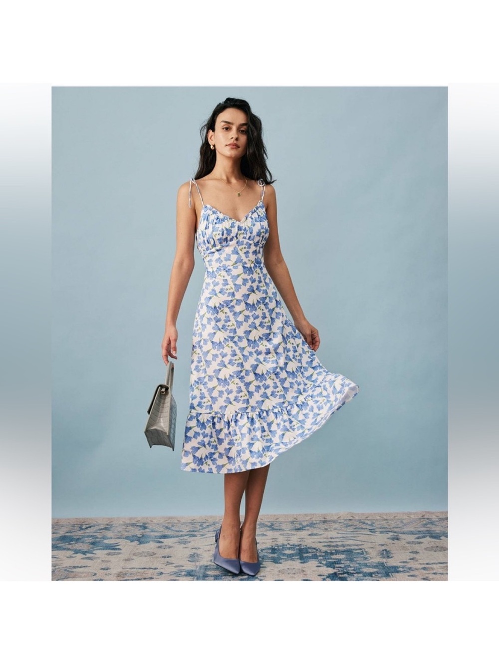 RIHOAS Blue and White Floral Tie-Strap Midi Dress